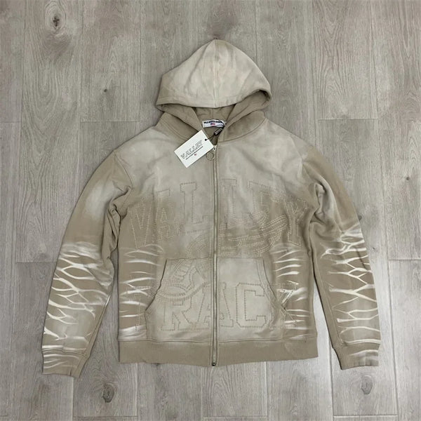 Oversized Red Zip Hoodie Unisex Washed Cotton Embroidered Jacket