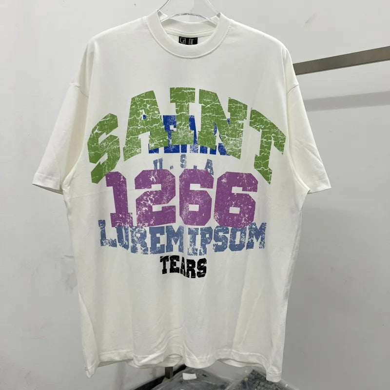Oversized Saint T-Shirt Men Women Vintage Letter Print Streetwear