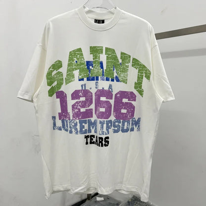 Oversized Saint T-Shirt Men Women Vintage Letter Print Streetwear