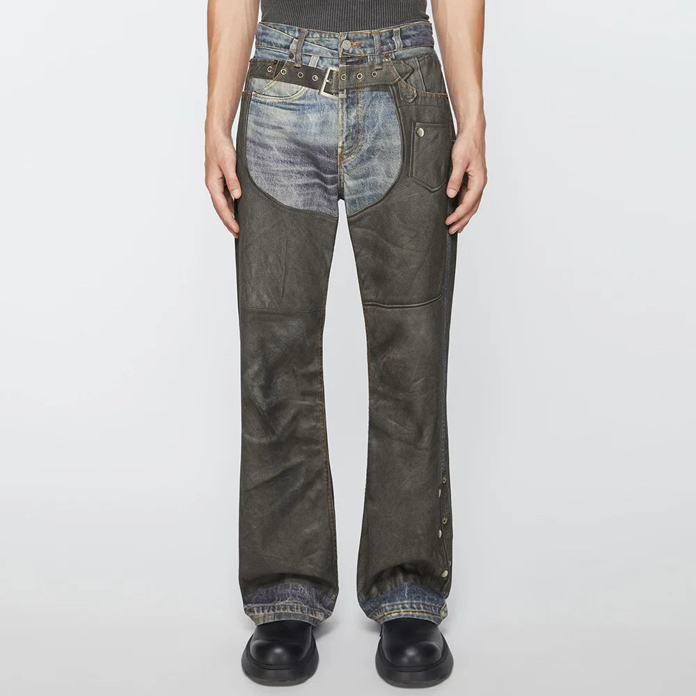 Men Leather Patchwork Baggy Jeans with Side Buttons
