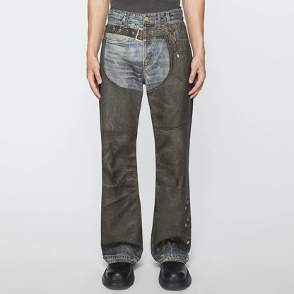 Men Leather Patchwork Baggy Jeans with Side Buttons
