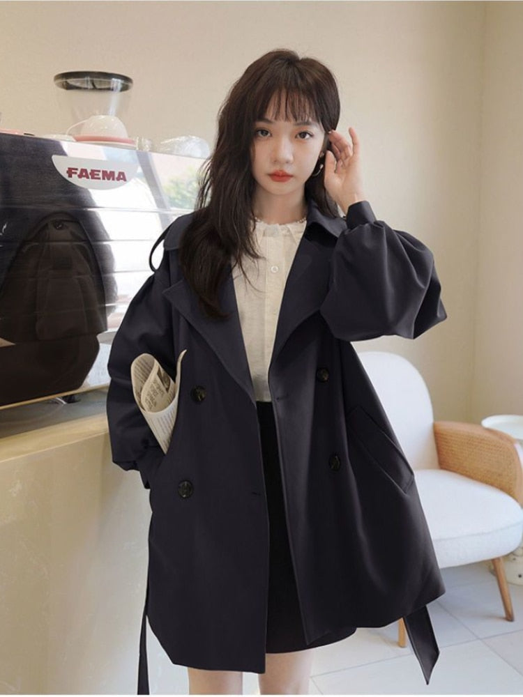 Korean Fashion Top Windbreaker Coat Female Solid Color Loose Lantern Sleeve Women Coat