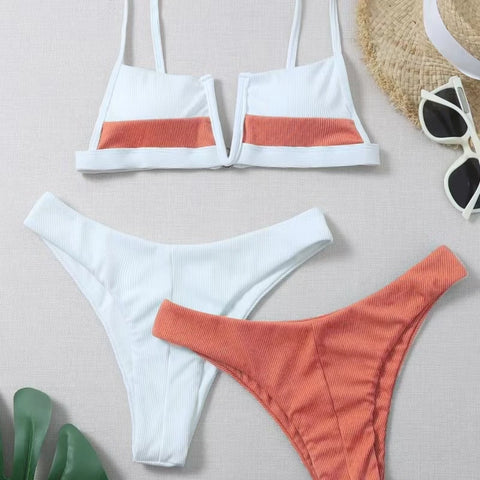 Sommer-Bikini-Anzug, tiefer V-Ausschnitt, Schultergurt, BH, niedrige Taille, atmungsaktiv 