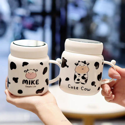 Cartoon Cow Mirror Mug Cute Cow Spotted Ceramic Water Bottle with Handle