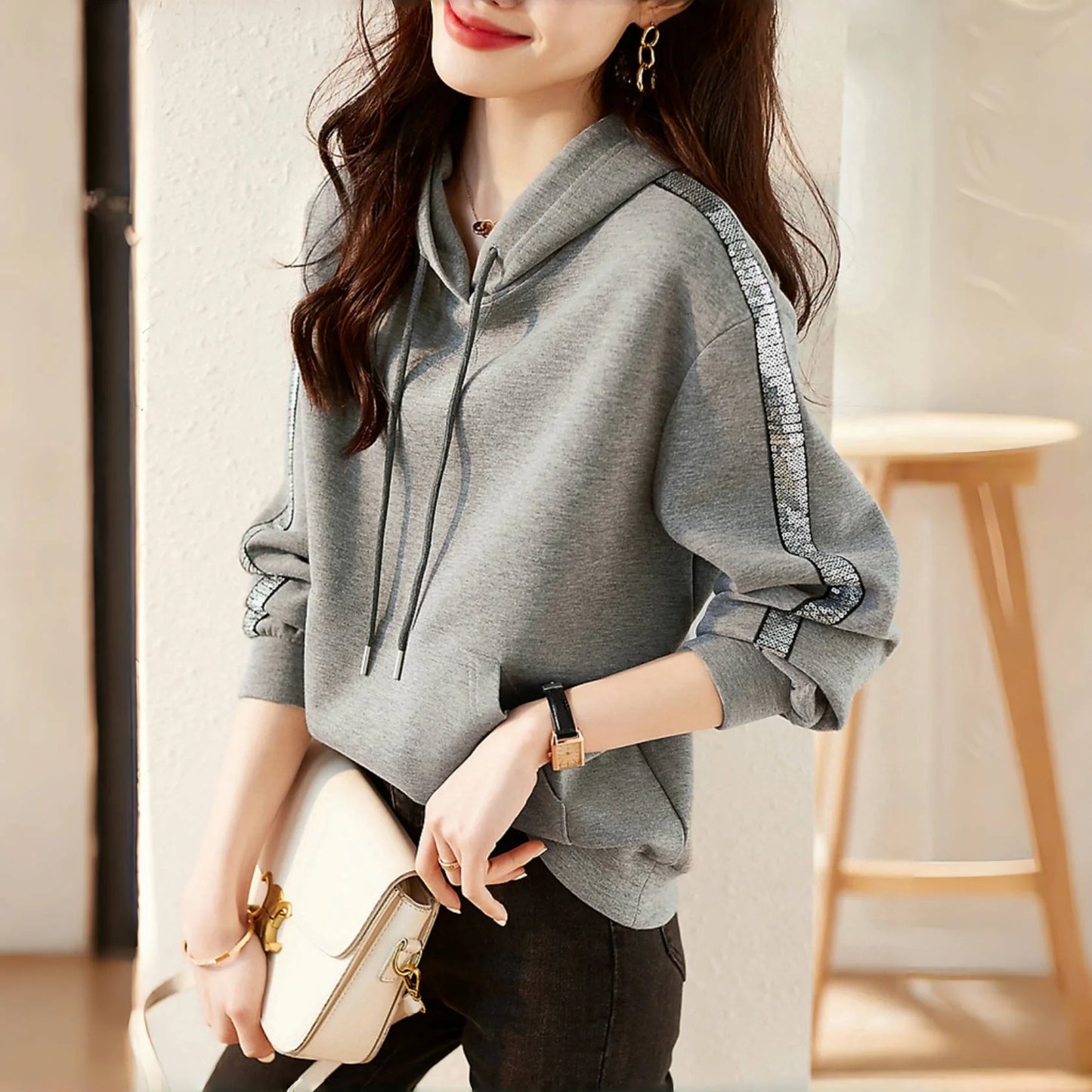 Womens Sequin Hooded Sweatshirt Cotton Blend Pullover Casual Style