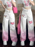 Street Hip Hop American Retro Gradient Pink Jeans High Waist Zipper Button Pocket
