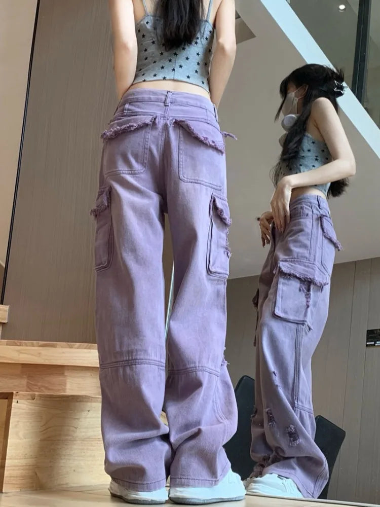 Women’s Purple Y2K Ripped Cargo Jeans Harajuku