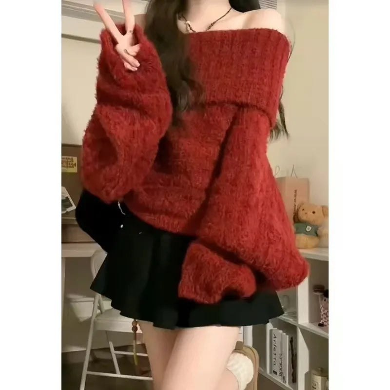 Women’s Off-Shoulder Knit Sweater – Loose Splice Pullover for Fall & Winter