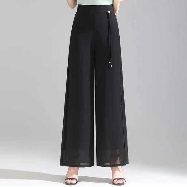 Women's Double Layer Chiffon Pants Elastic Waist Slim Chic