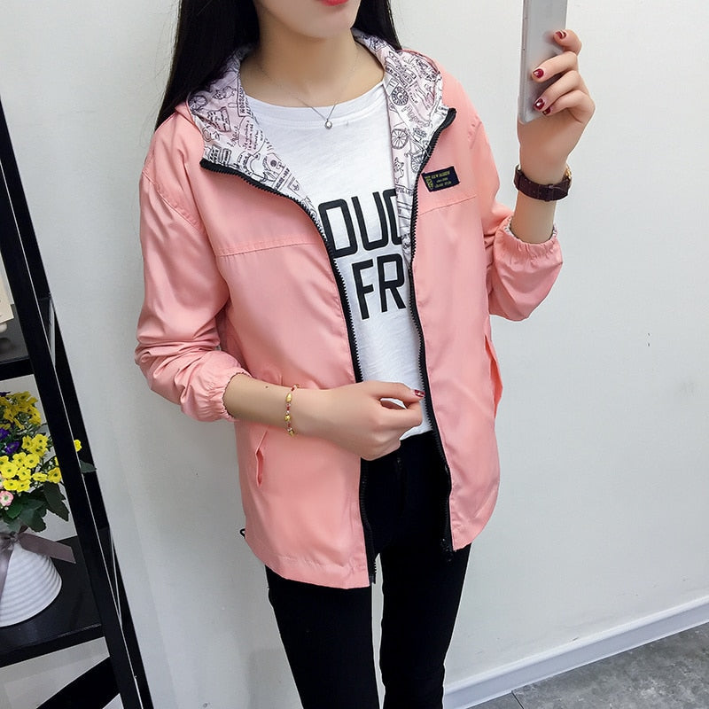 Women Jacket Pocket Zipper Hooded Coat Loose