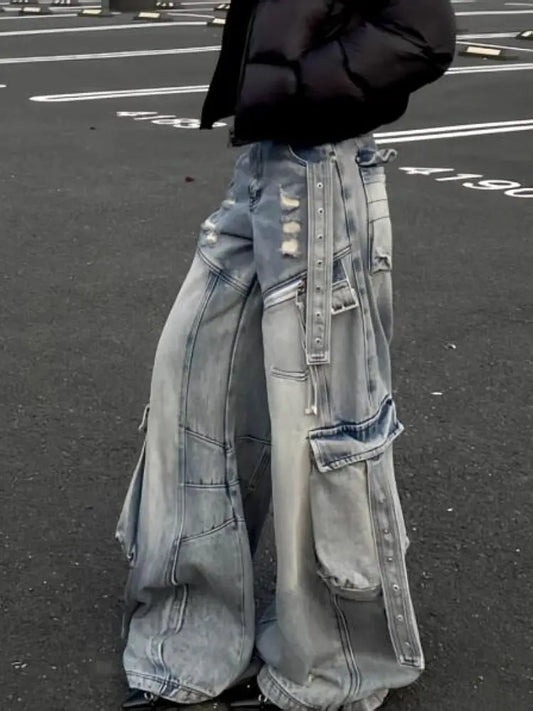 Y2K Grunge High Waist Full-Length Denim Belted Jeans
