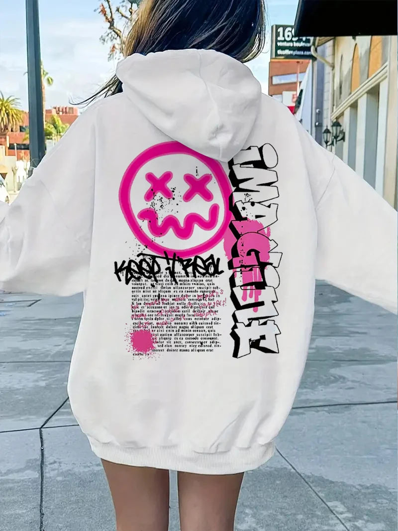 Y2K Funny Face Print Women Fleece Hoodie Winter Fashion