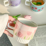 AhunderJiaz 200ml süße Keramiktasse Tulpe handbemalt Gravur Ins Paar Tassen