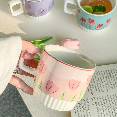 AhunderJiaz 200ml Cute Ceramic Mug Tulip Hand-painted Engraving Ins Couple Mugs