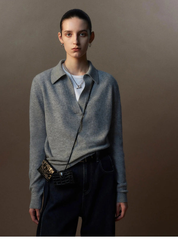 Cashmere Polo Sweater Scissors Collar Intellectual Knit