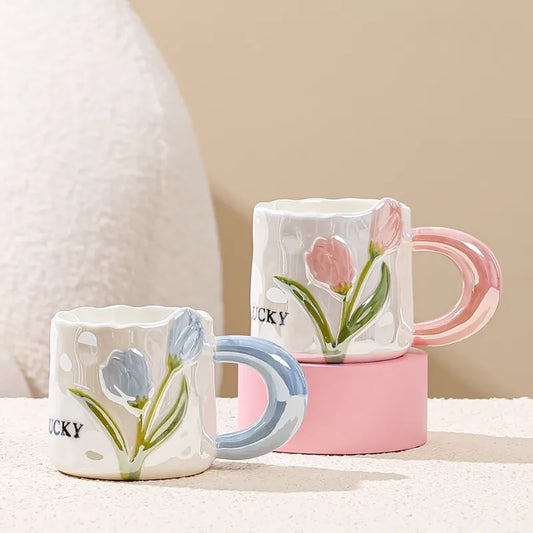 Hand-painted Pearl Glaze Mug Flower Ceramic High Appearance Level Coffee Mug Set