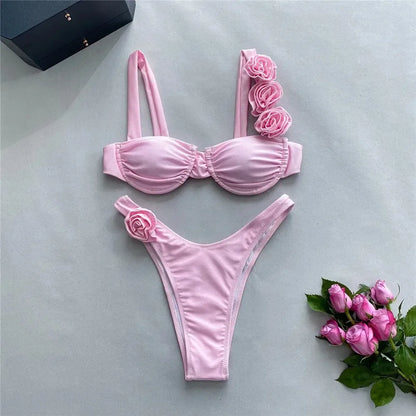 Sexy Flower Shiny Pink Push Up Bikini 2024 Women Swimwear Underwired Swimsuit