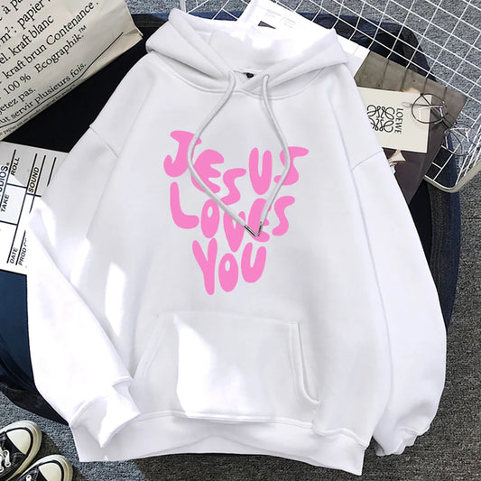 Jesus Loves You Letter Funny Prints Hoodies Women Fleece Pocket