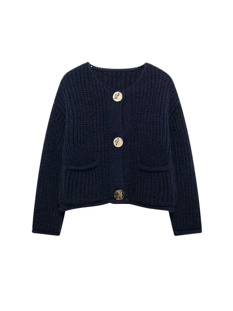 Women's Knit Cardigan Sweater - Gold Buttons & Patch Pockets