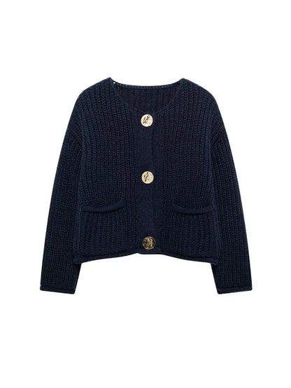 Women's Knit Cardigan Sweater - Gold Buttons & Patch Pockets