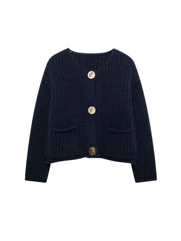Women's Knit Cardigan Sweater - Gold Buttons & Patch Pockets