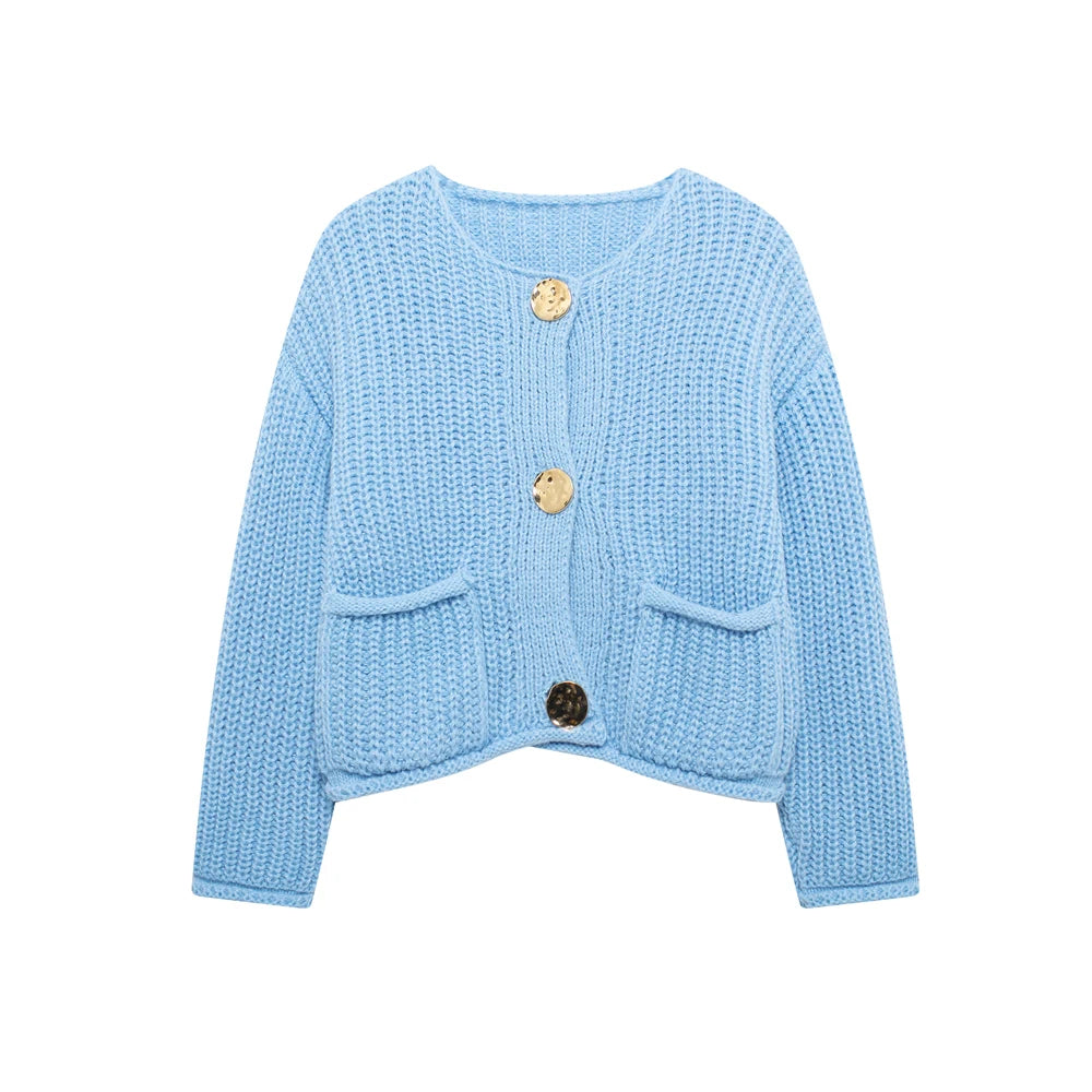 Women's Knit Cardigan Sweater - Gold Buttons & Patch Pockets