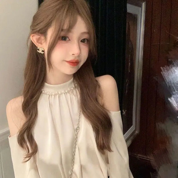 Off Shoulder Blouse Women Long Sleeve Korean Style Sweet Top