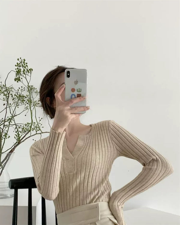 V Neck Base Layer Sweater Women Long Sleeve Slim Knit Fall Winter