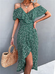 WAYOFLOVE Ladies Sexy Straps Dress Women Green Casual Beach Dresses Female Floral Print Dress - xinnzy