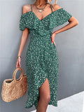 WAYOFLOVE Ladies Sexy Straps Dress Women Green Casual Beach Dresses Female Floral Print Dress - xinnzy