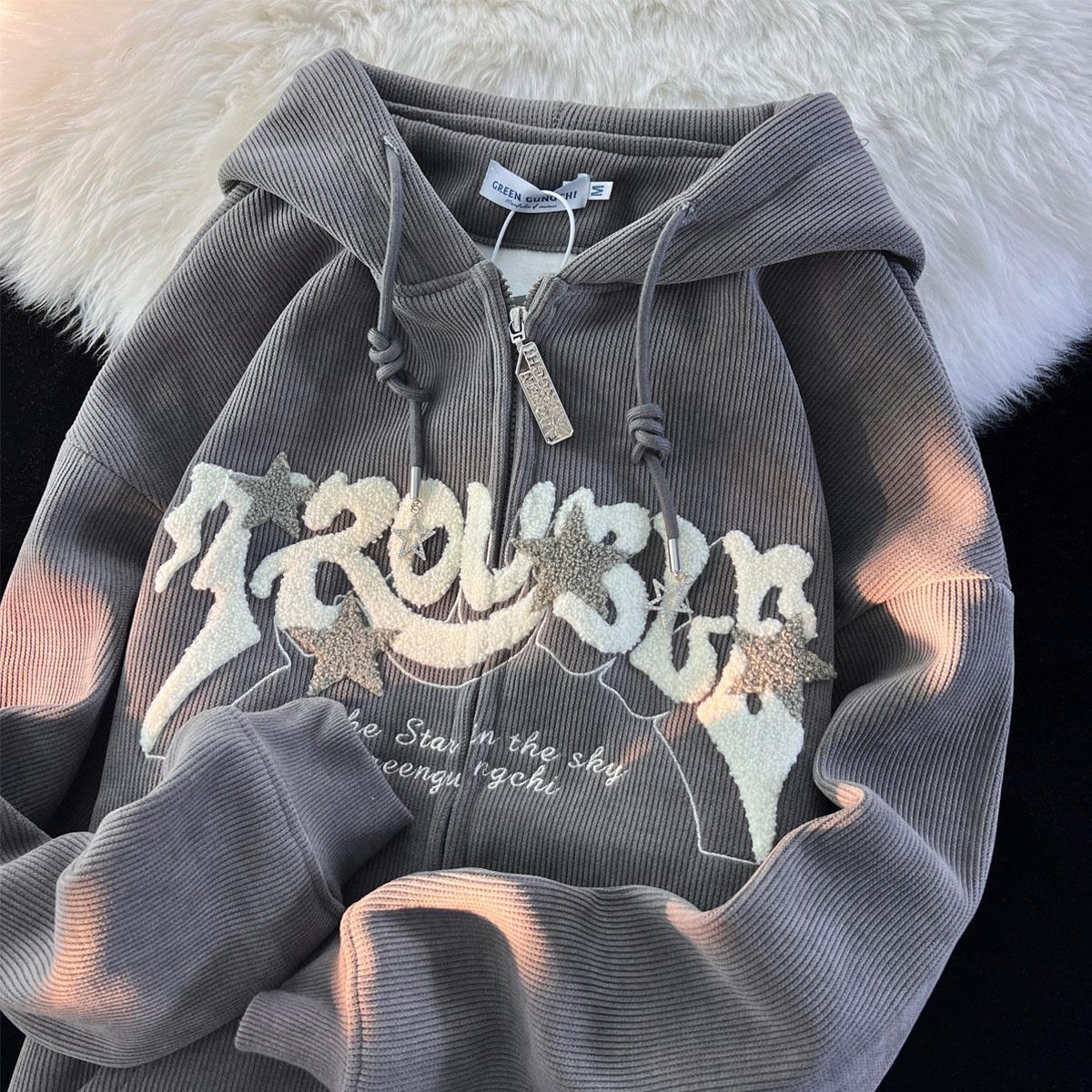 Fashion Retro Street Corduroy Letter Stars Embroidered Hoodie Female Couple Loose Zipper Hoodie - xinnzy