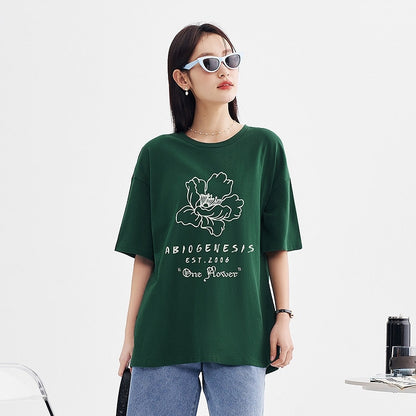 Women T-shirt Short Sleeve O Neck Loose Tees Flower Heart Print Pure Casual Tops - xinnzy