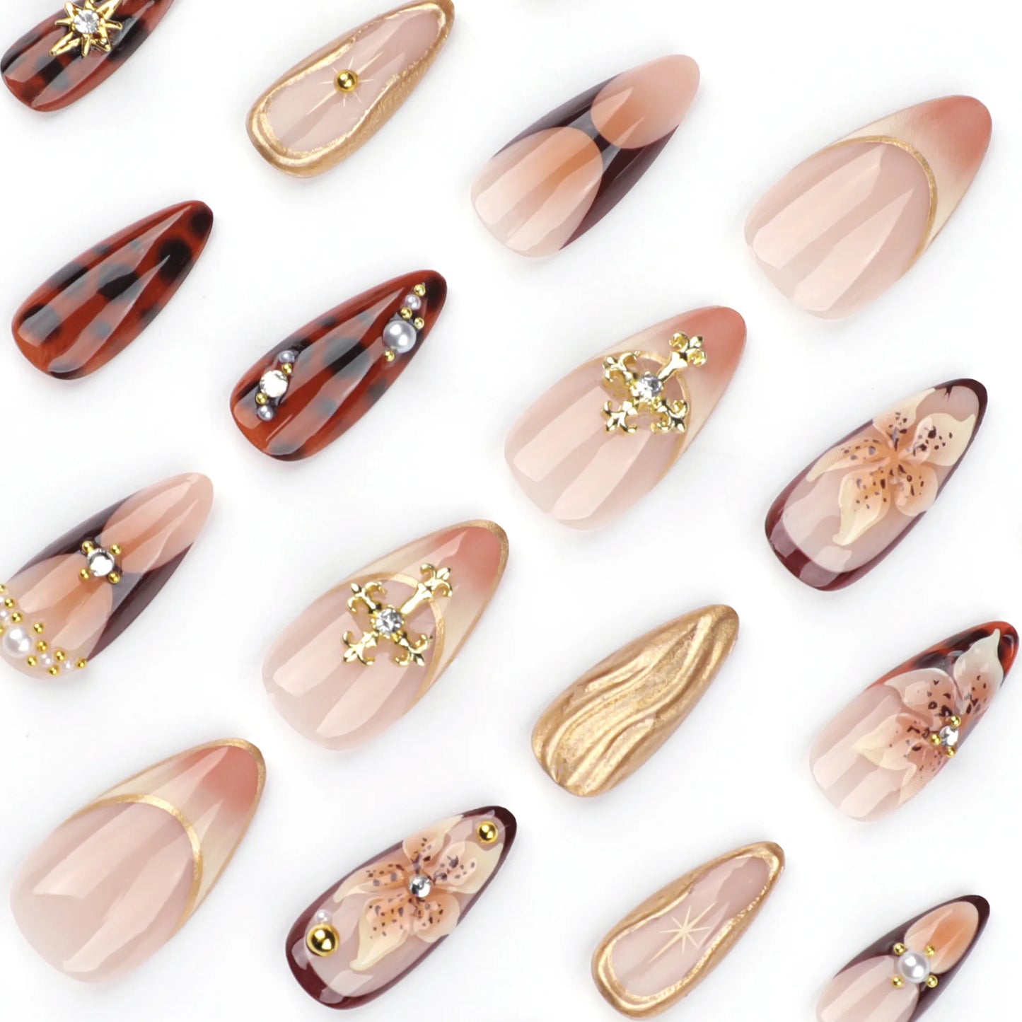 24pcs 3D Carving Devil Flower Press On Nails Brown Long Almond