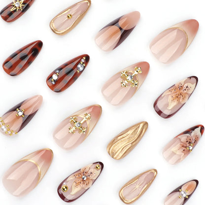 24pcs 3D Carving Devil Flower Press On Nails Brown Long Almond