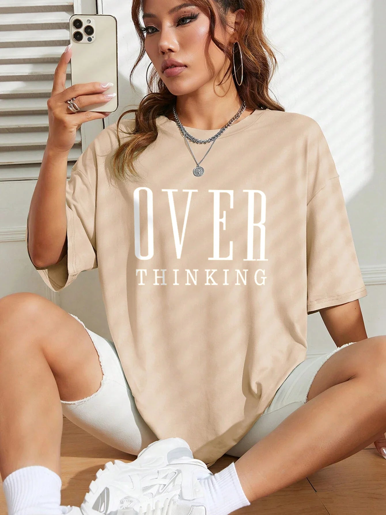Over Thinking Letter Print Women Cotton Short Sleeve Breathable Vintage O-Neck
