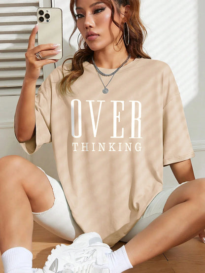 Over Thinking Letter Print Women Cotton Short Sleeve Breathable Vintage O-Neck