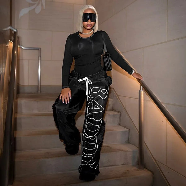 Letter Printed Thin Loose Quick Dry Pants Women Hipster Drawstring High Waist