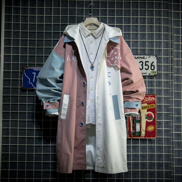 Anime Cat Hoodie Men Patchwork Japanese Streetwear Harajuku Style