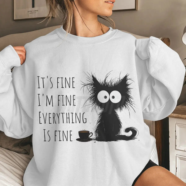 Funny Black Cat Hoodie ‘It’s Fine I’m Fine’ Kawaii Sweatshirt for Women
