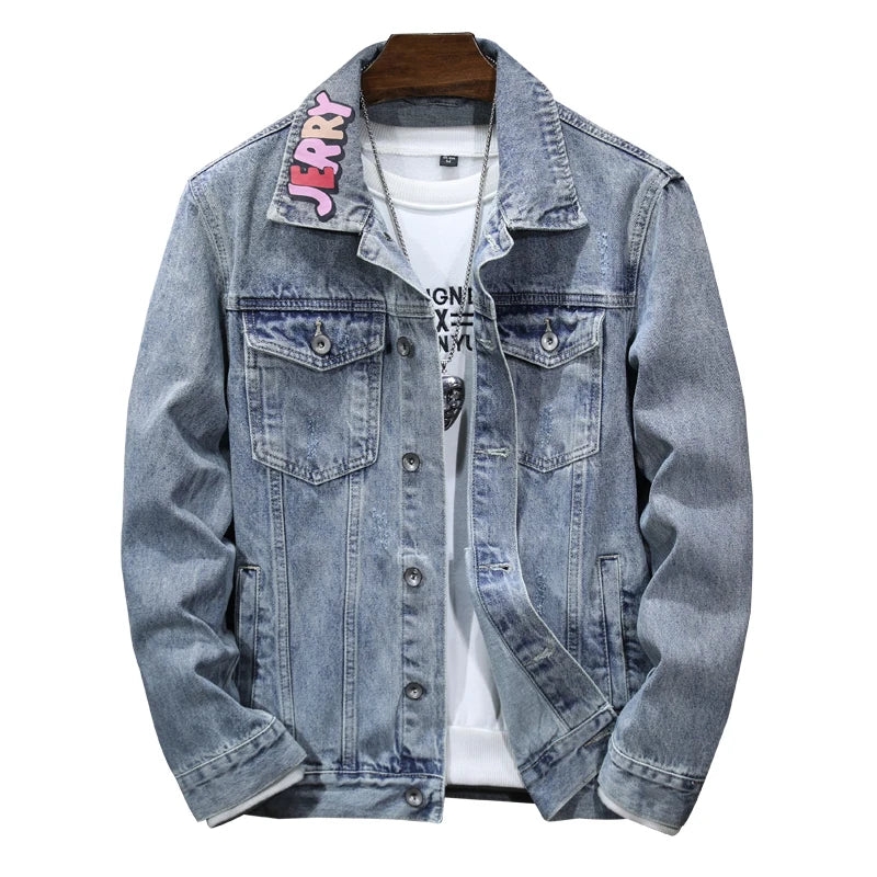 Loose Fit Cartoon Denim Jacket Men’s 2024 Retro Street Fashion