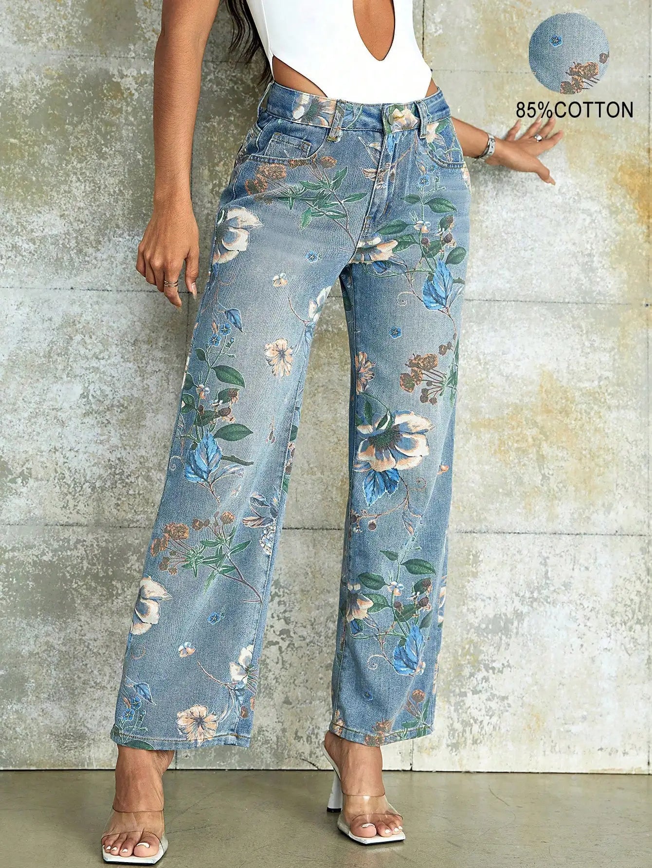 90s Vintage Floral Print High Waist Slant Pocket Wide Leg Jeans Casual