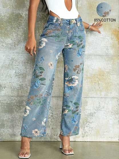 90s Vintage Floral Print High Waist Slant Pocket Wide Leg Jeans Casual