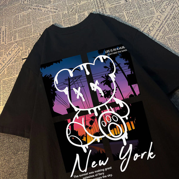New York Sunset Tshirt Men Hip Hop Oversized Cotton Tee
