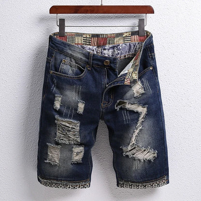 2024 Summer Jeans Men's Flip Denim Shorts Worn Hole Patch Vintage