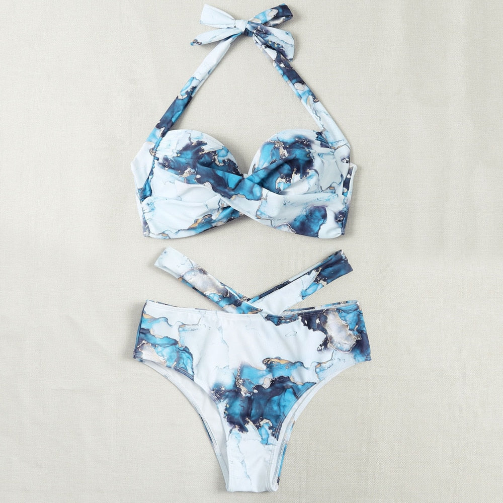 Sexy Bikinis Women Two Piece Marble Print Swimsuit