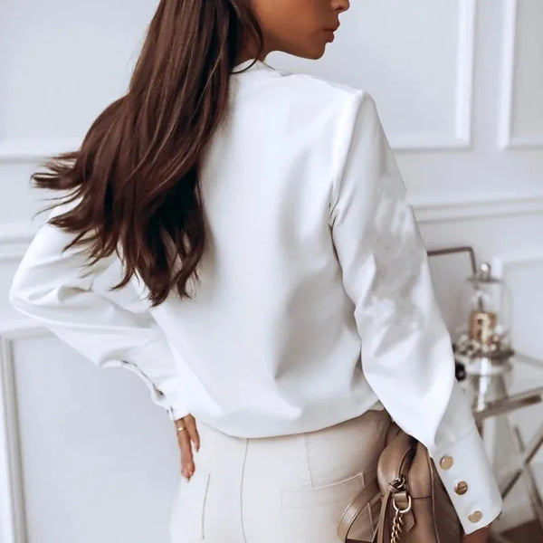 White Long Sleeve Blouse Women Stand Collar Button Up Shirt 2025