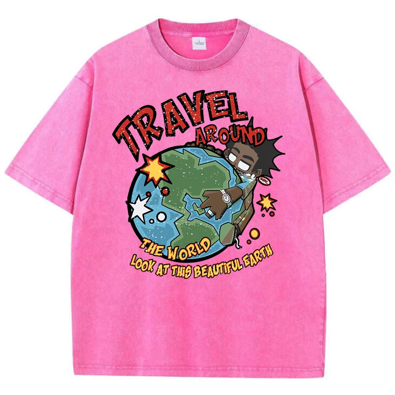 Summer World Tour T-shirt Men's Water Wash Vintage Casual Fashion Top