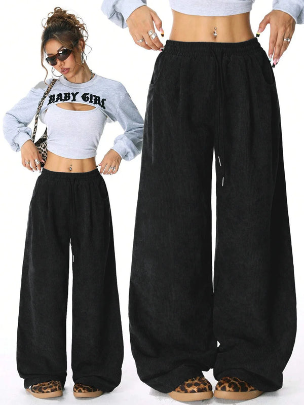 Women High Waisted Wide Leg Pants Drawstring Casual Lounge Trousers