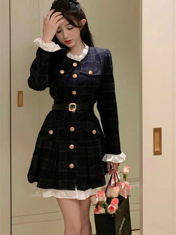 French Vintage Autumn Women Korean Fashion Elegant Party Mini Dress