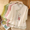 Womens Vintage Embroidered Top Cotton Linen Loose Summer Shirt
